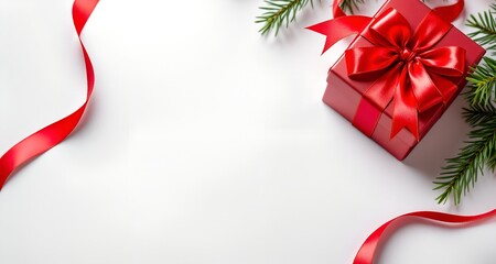 Luxury red gift box with beautiful ribbon on white background