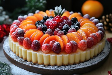 Cake topped with fruit and powdered sugar.