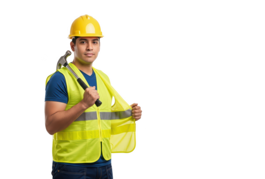A man wearing a yellow hard hat and a reflective vest holding a wrench, against transparent background