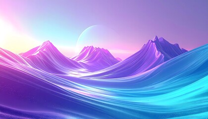 Vibrant digital landscape with abstract glowing mountains and flowing waves under a celestial body, bathed in neon purples, blues, and pinks, creating a serene futuristic dreamscape