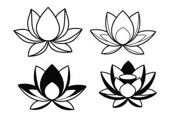 Diverse Set of Four Lotus Flower Designs Black and White Outline and Silhouette Styles