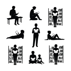 Collection of people reading books in various positions
