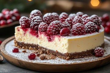 Slice of cheesecake with berries and powder.