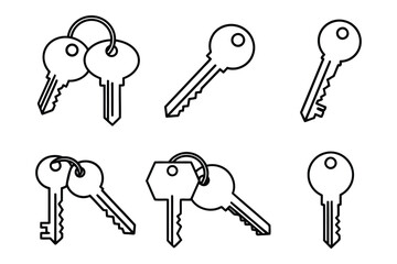 Essential collection of simple key and keyring outline icons for security and access symbols
