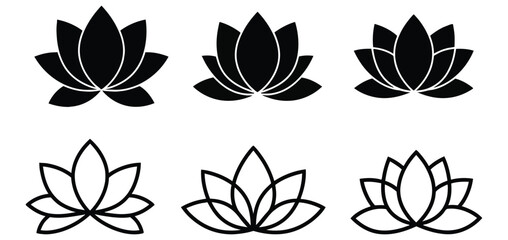 Diverse Set of Six Lotus Flower Icons Solid and Outline Styles