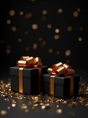 Elegant black gift boxes with gold ribbons and confetti, luxury holiday presents on dark background