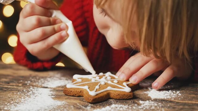 A young child is decorating a gingerbread cookie with icing. The child is wearing a red sweater and he is enjoying the activity