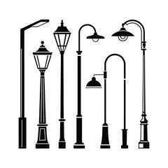 Set of various black silhouette street light