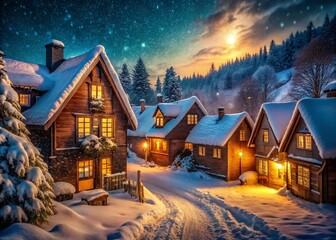 Enchanting Snowy Village Night: Cozy Winter Wonderland Portrait