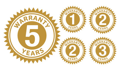 Set of golden warranty seal badges illustrating 1 2 3 and 5 years coverage vector eps vector