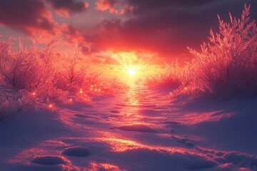 Sunset silhouettes snowy trees.