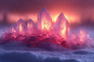 Group of ice crystals in the snow, sparkling in the sunlight.