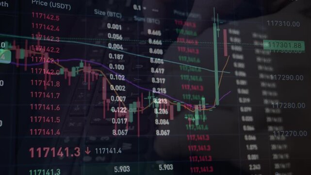A dynamic video clip displaying real-time intraday price fluctuations of Bitcoin on a digital trading chart, showing active red and green candlesticks