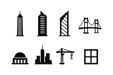 Naklejka premium Urban icons: monochrome silhouettes of buildings and structures