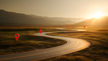 A winding road runs through a grassy field beneath a warm sunrise, with red location pins highlighting key points along the route.
