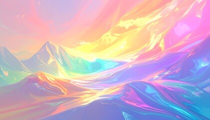 Conceptual digital rendering of a surreal, flowing landscape with liquid-like mountains in vibrant, holographic pastel colors