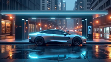A 3D render of a futuristic electric vehicle charging station with illuminated, smooth, reflective surfaces and reflections of a nighttime city.