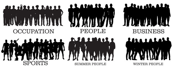 vector illustration group of multi ethnic diverse people silhouette ,business , diversity, silhouette, occupation,sports