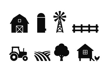 Silhouette farm elements: barn, windmill, tractor, and more for rural themes