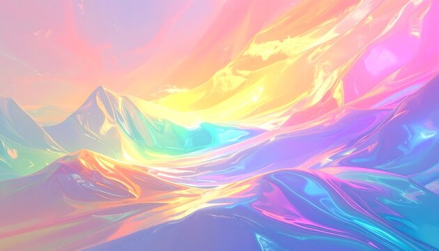 Conceptual digital rendering of a surreal, flowing landscape with liquid-like mountains in vibrant, holographic pastel colors - Powered by Adobe