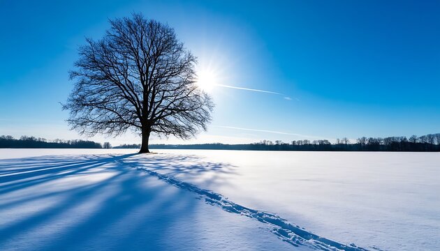 Barren tree standing alone in a snow-covered field under clear blue sky, sun bursting behind branches, long shadows across snow