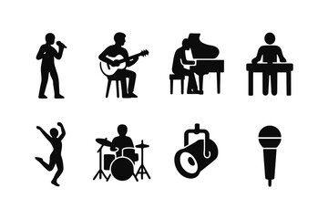 Music performance silhouettes: musicians and instruments vector set for creative designs