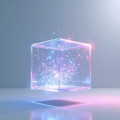 A floating transparent cube filled with digital particles, glowing from within, futuristic background