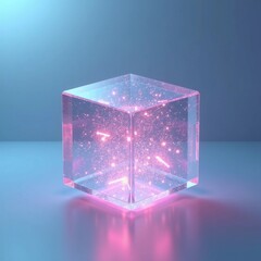 A floating transparent cube filled with digital particles, glowing from within, futuristic background