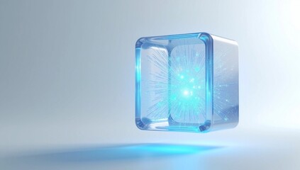 A floating transparent cube filled with digital particles, glowing from within, futuristic background