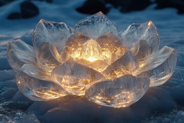 Crystal flower resting on ice, glistening in the light.
