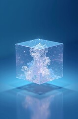 A floating transparent cube filled with digital particles, glowing from within, futuristic background