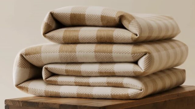 Stack of warm folded checkered blankets moving