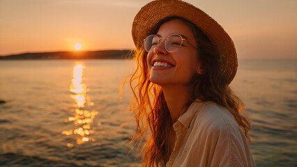 A woman smiles joyfully by the seaside during a stunning sunset, wearing a straw hat, round glasses, and a light shirt, as the warm sunlight gently illuminates her face and hair.