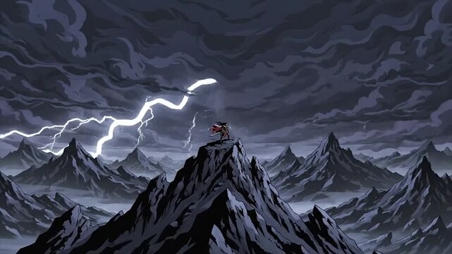 Epic Warrior Stance Amidst Lightning Storm in Mountainous Landscape.