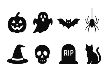 Spooky halloween icon set featuring ghosts, jack-o'-lantern, witch hat, skull, bat, spider, tombstone, and cat