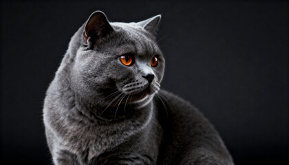 Obraz premium a detailed studio portrait of a grey british shorthair cat with intense orange eyes