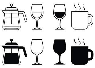 Assortment of Beverage Vessels and Coffee Making Equipment Illustrations