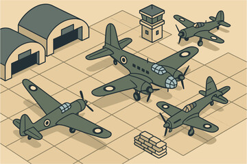World war ii aircraft in isometric style on airfield with hangars and control tower