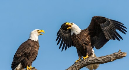 Two majestic bald eagles perched on a branch with wings spread
