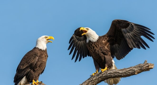 Two majestic bald eagles perched on a branch with wings spread