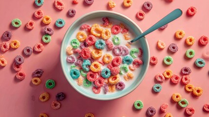 Colorful breakfast cereal loops in milk, bowl on vibrant pink background, top view.