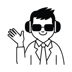 Cool male figure with sunglasses and headphones making a friendly wave gesture