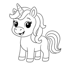 Cute fantastic unicorn. Black and white, linear, image. For the design of coloring books, prints, posters, stickers, tattoos, etc. Vector isolated outline.
