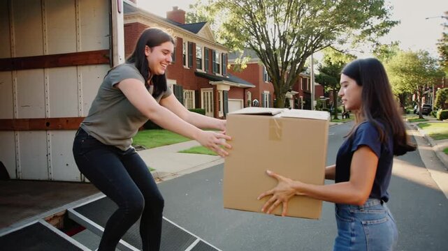 Two young women moving into their new home, unloading boxes from a moving truck in a suburban neighborhood.