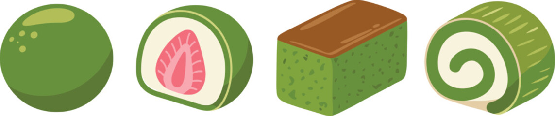 Matcha Japanese sweets, mochi, sponge cake, Swiss roll, green tea dessert, traditional treats, food illustration