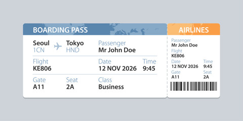 Realistic illustration of airplane ticket boarding pass with passenger name and destination. Concept of travel, journey or business trip.