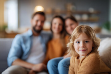 Obraz premium Family sitting on sofa with defocused living room background, faceless home gathering, domestic comfort visualization, blurred interior scene, family portrait detail, togetherness