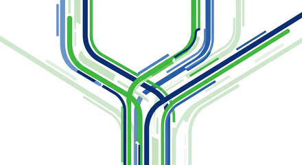 Abstract digital network of flowing data streams and intersecting technology pathways on a white background