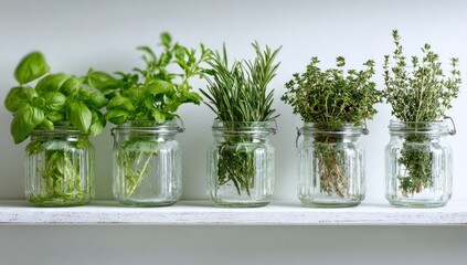 Fototapeta premium Fresh Herbs in Jars - Basil, Mint, Rosemary, Thyme on Shelf.
