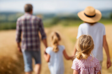 Fototapeta premium Family walking in field with defocused summer landscape, faceless hipster family, outdoor adventure visualization, blurred countryside background, leisure walk detail, nature bondi